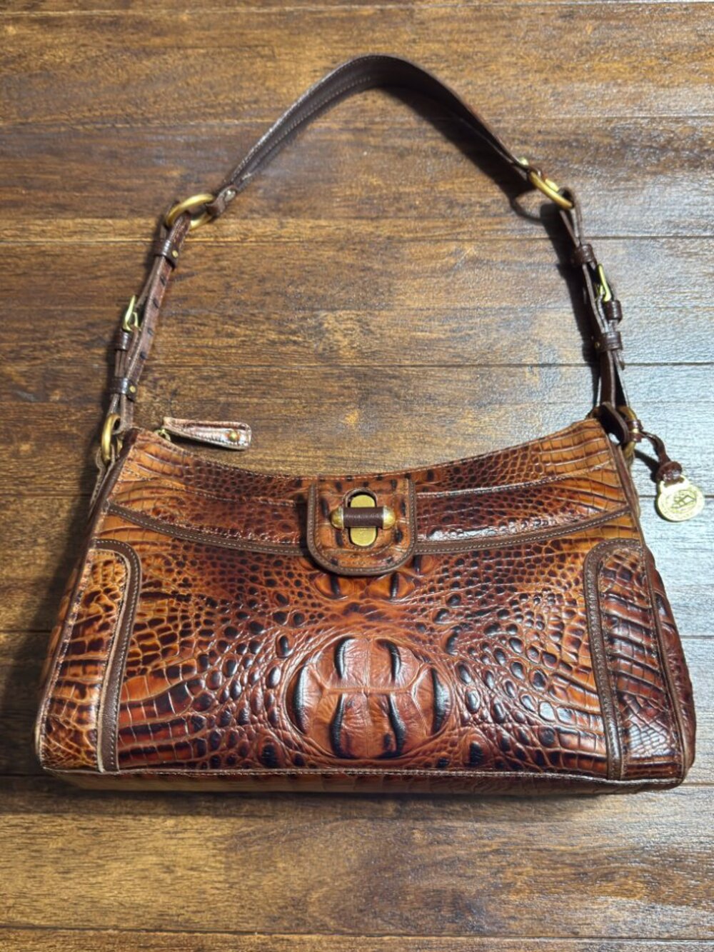 Brahmin Izzie Melbourne Croc Embossed Leather Hobo Shoulder Bag Pecan